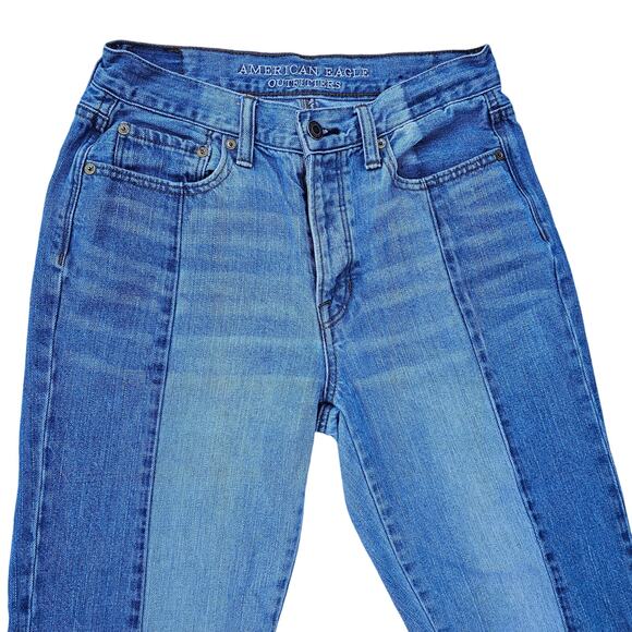Two Tone Stretch Denim Jeans American Eagle Sz 6 Vintage Hi-Rise Crop Button Fly - Picture 3 of 10
